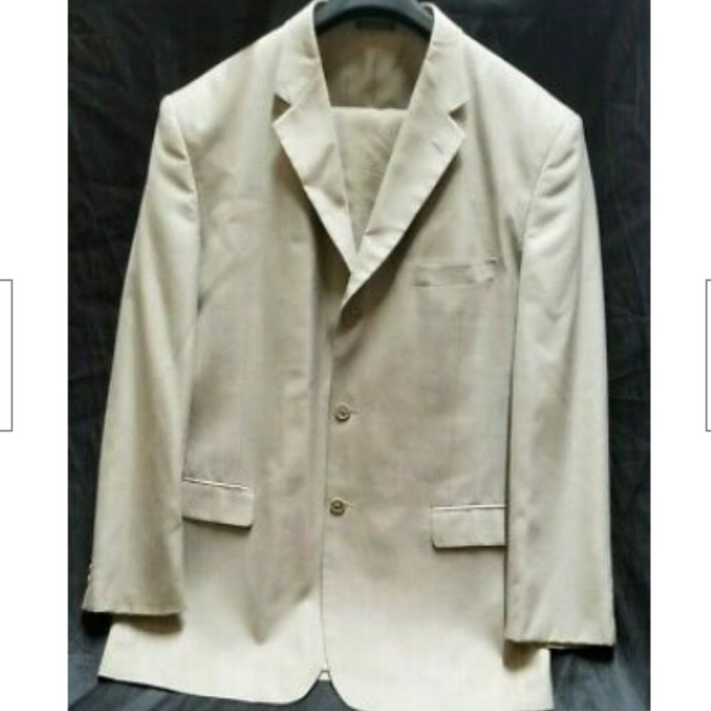 VANETTI Mens suit Khaki Tan Jacket Size 44L Dress pants Pleated 38L polyester